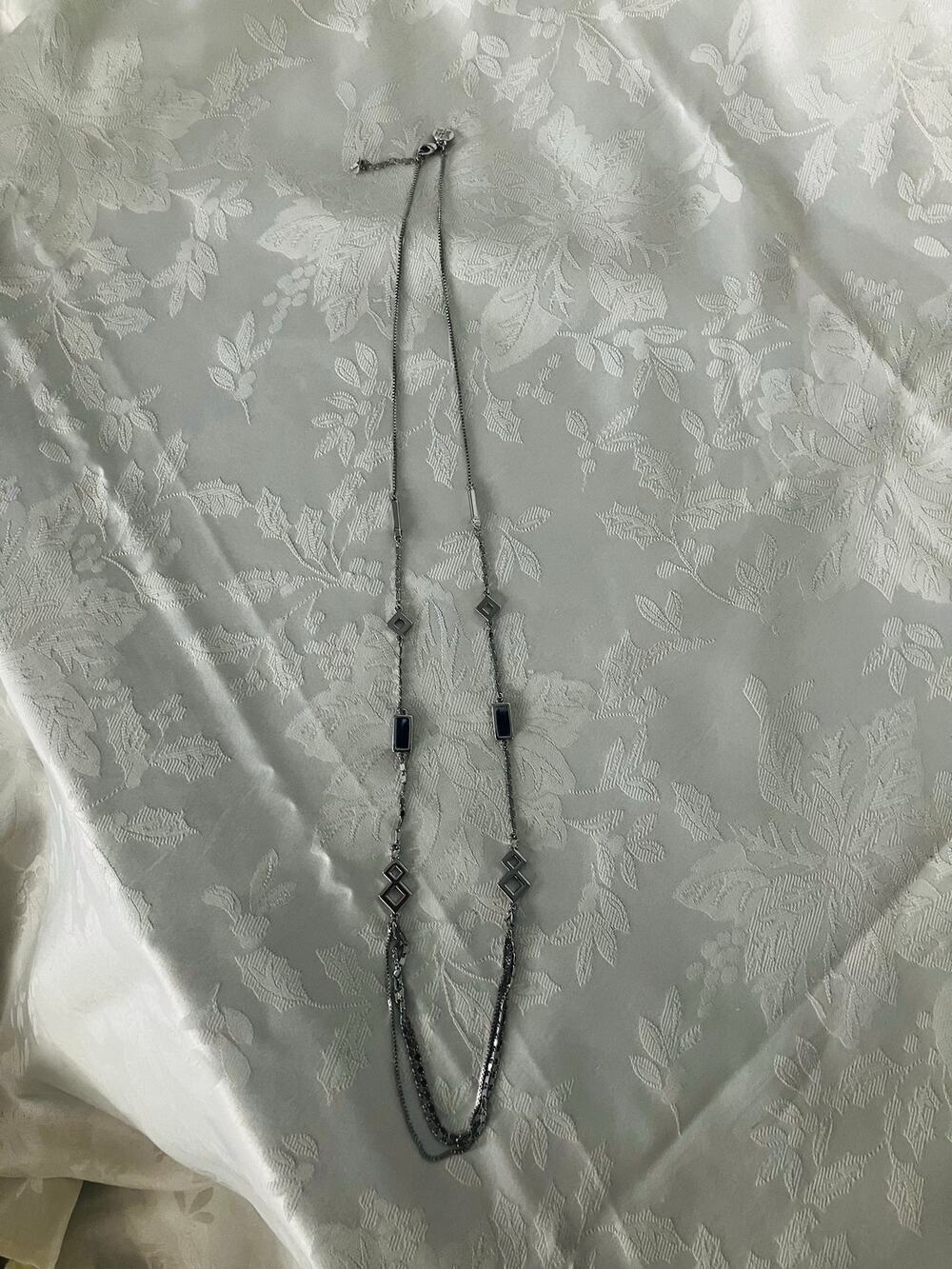 White House Black Market Long Necklace Purple Blue Stones Silver Tone Geometric